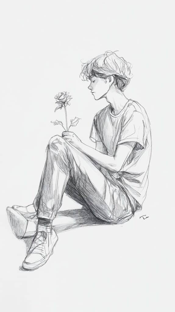 Sketch of a person sitting with a flower, wearing casual clothes, conveying contemplation and simplicity.
