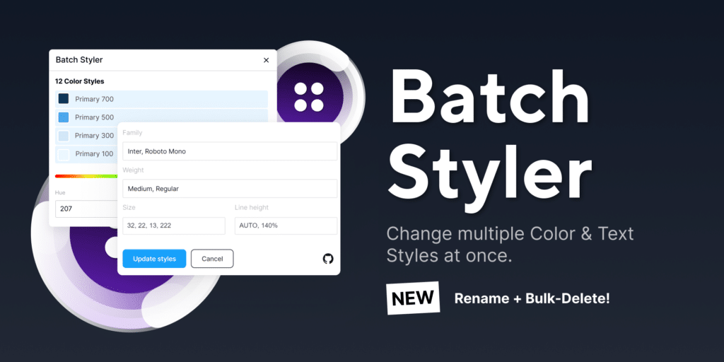 Batch Styler interface for changing color and text styles, featuring rename and bulk-delete options.