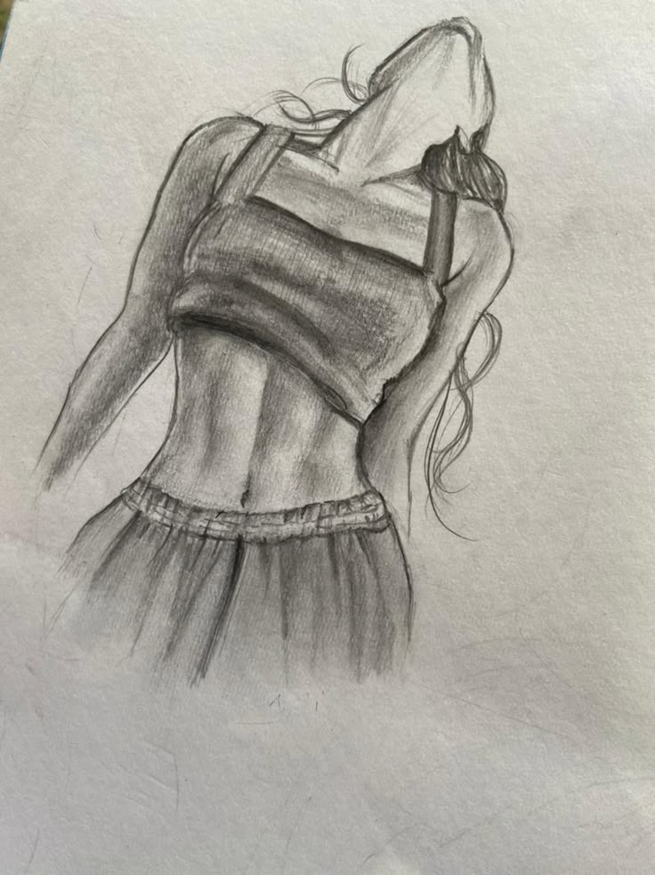 Pencil sketch of a faceless woman in a crop top and skirt, with hair flowing, head tilted back gracefully.