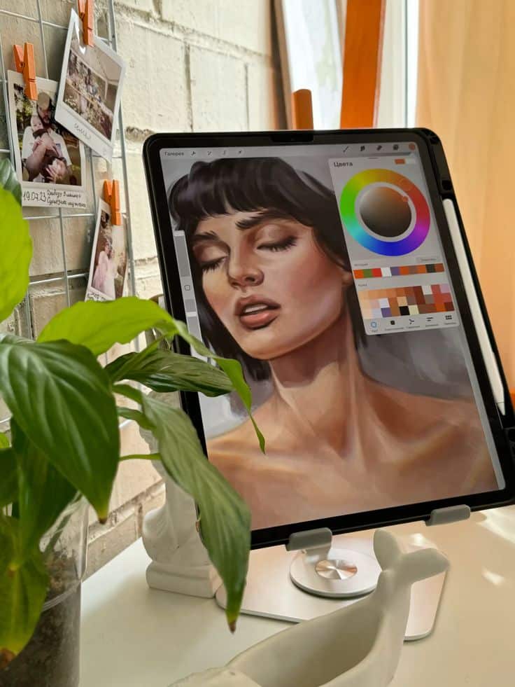 fa57f6c1576100e9954ede5792b788e0 Digital painting of a woman displayed on a tablet next to green plant and photos on a string, in a cozy setting. | Sky Rye Design Digital painting of a woman displayed on a tablet next to green plant and photos on a string, in a cozy setting.