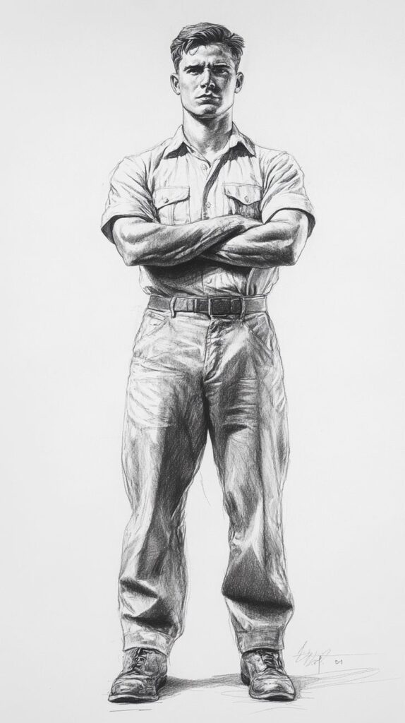 Black and white sketch of a man standing with arms crossed, wearing a shirt, pants, and boots.