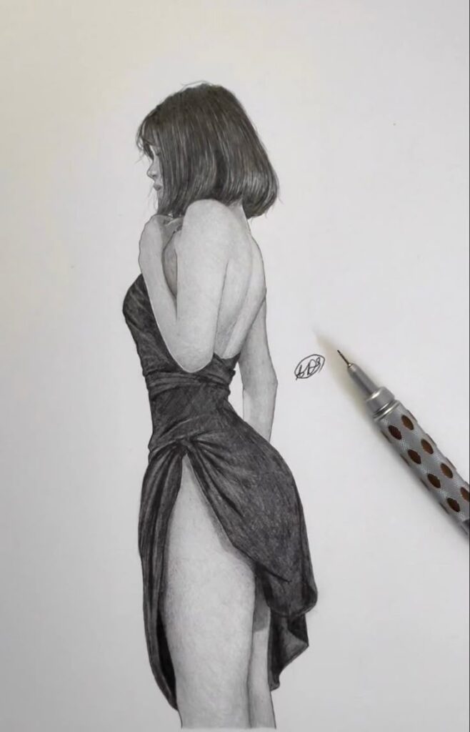 fe8e16d6f2af7821c4d9ec95db2f7535 Pencil sketch of a woman in an elegant backless dress, holding a pose. Fine art with detailed shading. | Sky Rye Design Pencil sketch of a woman in an elegant backless dress, holding a pose. Fine art with detailed shading.