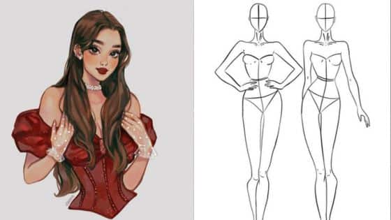 female body base drawing Illustration of a woman in a red dress and gem choker next to fashion figure sketches with poses. | Sky Rye Design Illustration of a woman in a red dress and gem choker next to fashion figure sketches with poses.