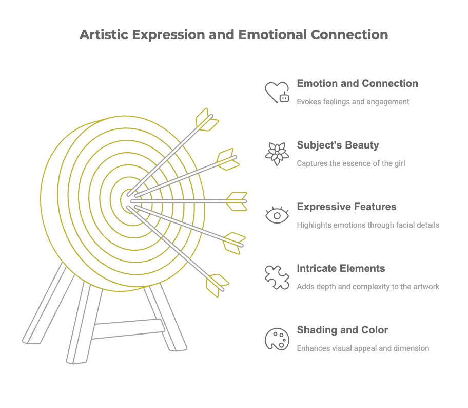 girl-drawing-schema Infographic on artistic expression, featuring target with arrows and elements highlighting emotion, beauty, features, elements, color. | Sky Rye Design Infographic on artistic expression, featuring target with arrows and elements highlighting emotion, beauty, features, elements, color.