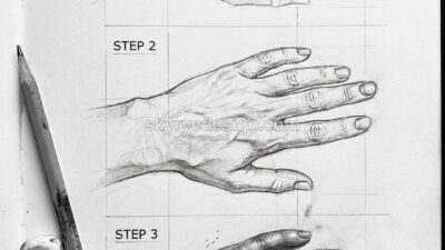 Three-step pencil sketch of a hand shown from different angles on a grid, labeled STEP 1–STEP 3.