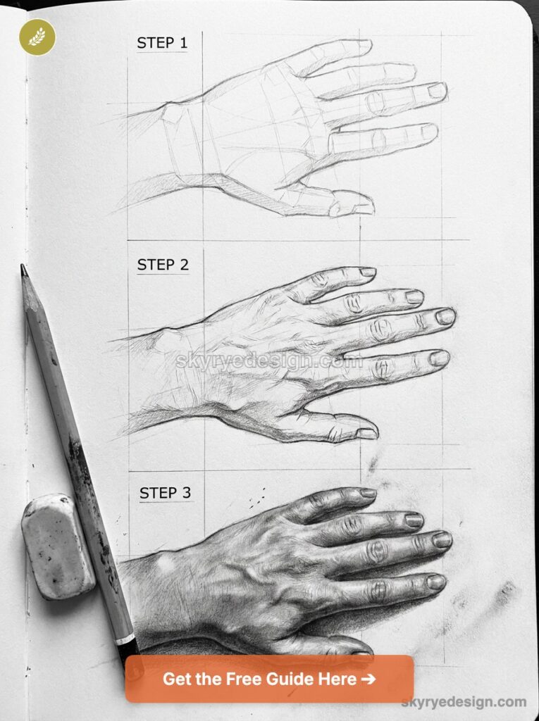 tutorial-hand Three-step pencil sketch of a hand shown from different angles on a grid, labeled STEP 1–STEP 3. | Sky Rye Design Three-step pencil sketch of a hand shown from different angles on a grid, labeled STEP 1–STEP 3.