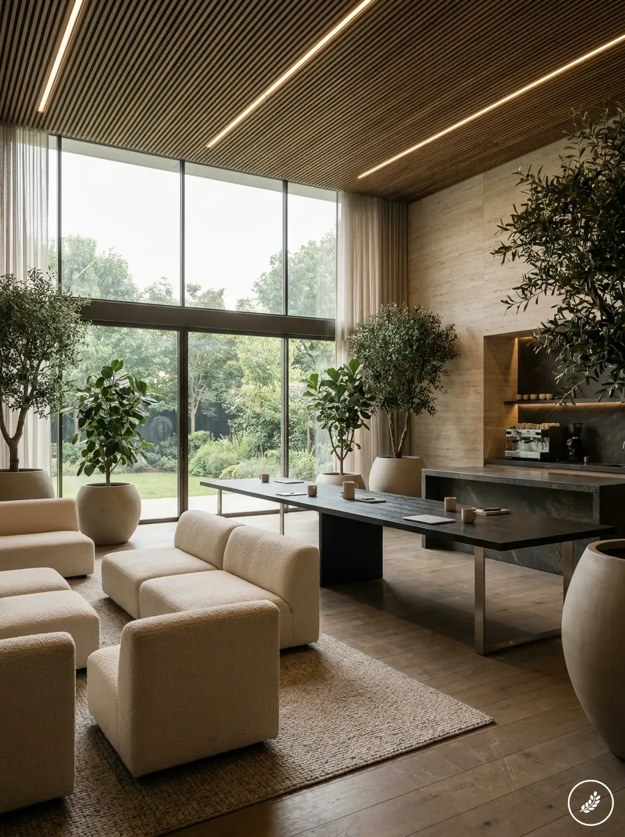Residential_co-working_lounge_in_202607161444 Modern minimalist living room interior with floor-to-ceiling windows, neutral boucle seating, potted trees, wood table | Sky Rye Design Modern minimalist living room interior with floor-to-ceiling windows, neutral boucle seating, potted trees, wood table