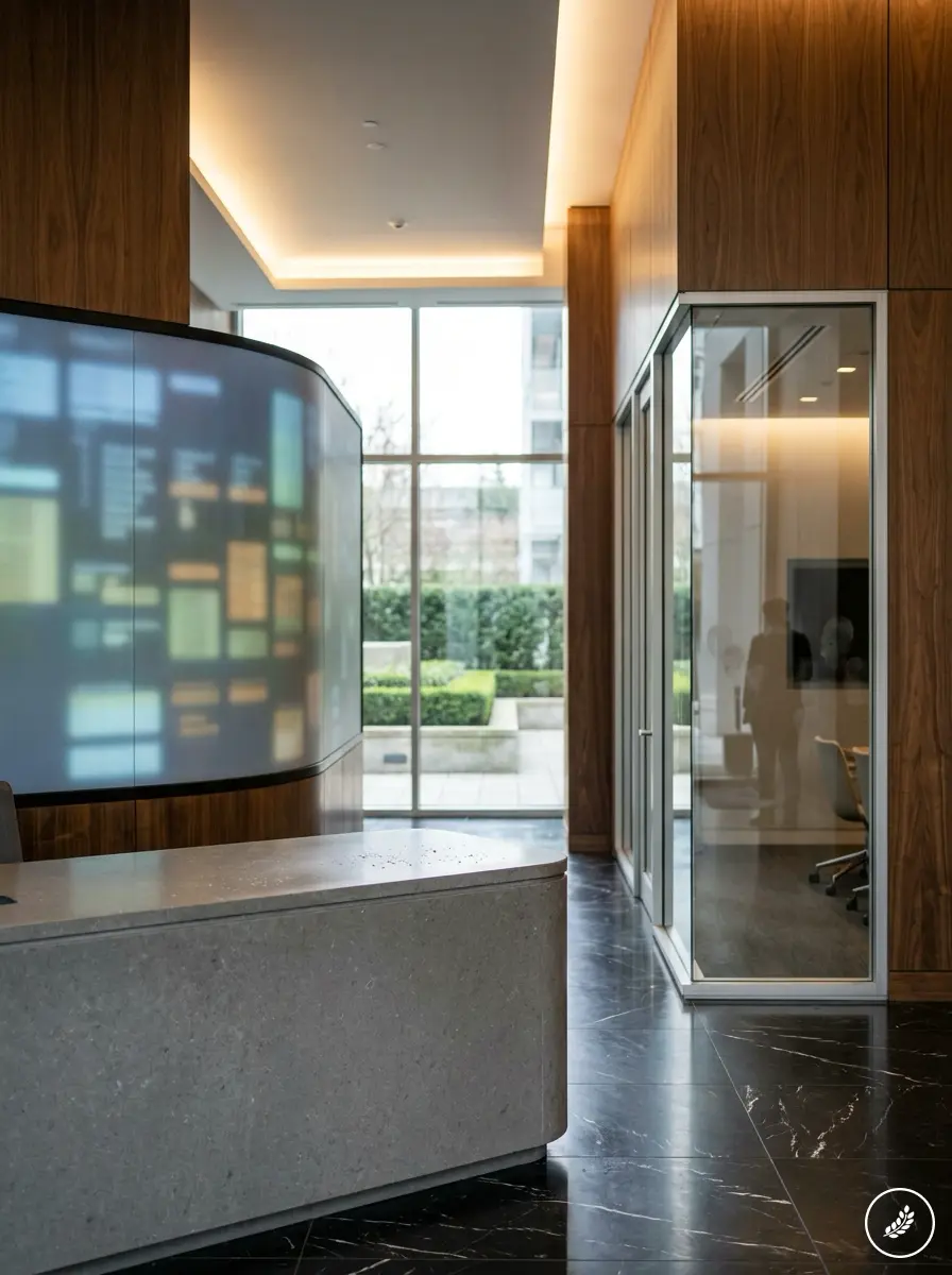 Community_management_concierge_h_202607161448 Modern reception area with a curved stone desk, wood paneled walls, and glass-walled meeting rooms bathed in natural light from large windows outside. | Sky Rye Design Modern office lobby with curved digital wall, marble reception desk, glass meeting room and wood paneling.