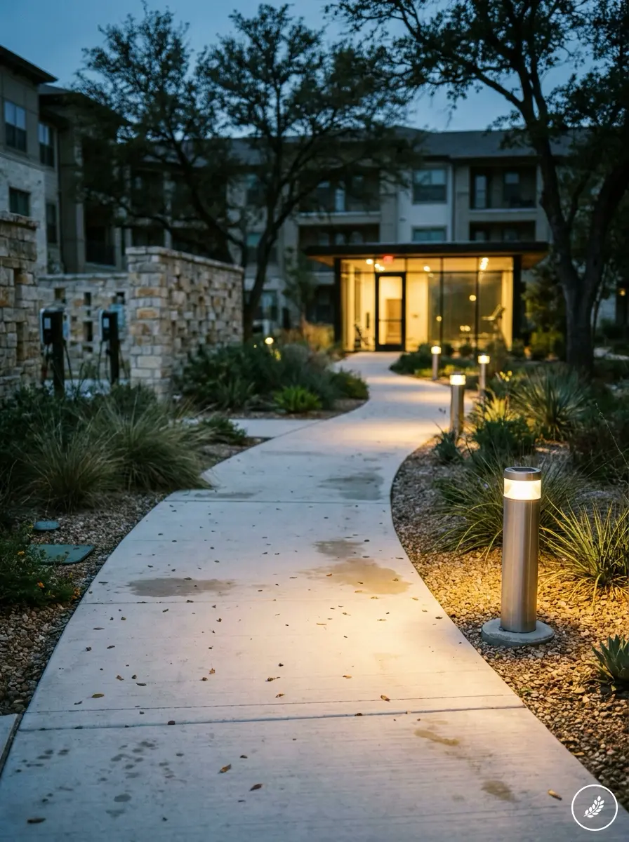 Luxury_courtyard_sustainability__202607161447 Curved lit concrete walkway at dusk with modern bollard lights and landscaping leading to apartment building entrance | Sky Rye Design Curved lit concrete walkway at dusk with modern bollard lights and landscaping leading to apartment building entrance
