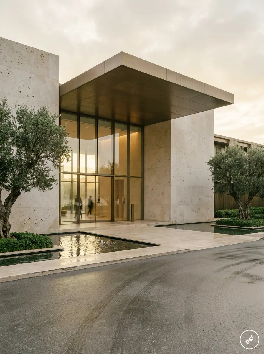 Residential_community_entrance_p_202607161433 Modern luxury building entrance with large glass doors, marble facade, reflecting pools and landscaped olive trees. | Sky Rye Design Modern luxury building entrance with large glass doors, marble facade, reflecting pools and landscaped olive trees.