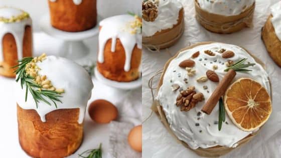 how to bake kulich Festive holiday cakes with white icing, garnished with nuts, cinnamon, rosemary, and dried orange slices on a table. | Sky Rye Design Festive holiday cakes with white icing, garnished with nuts, cinnamon, rosemary, and dried orange slices on a table.