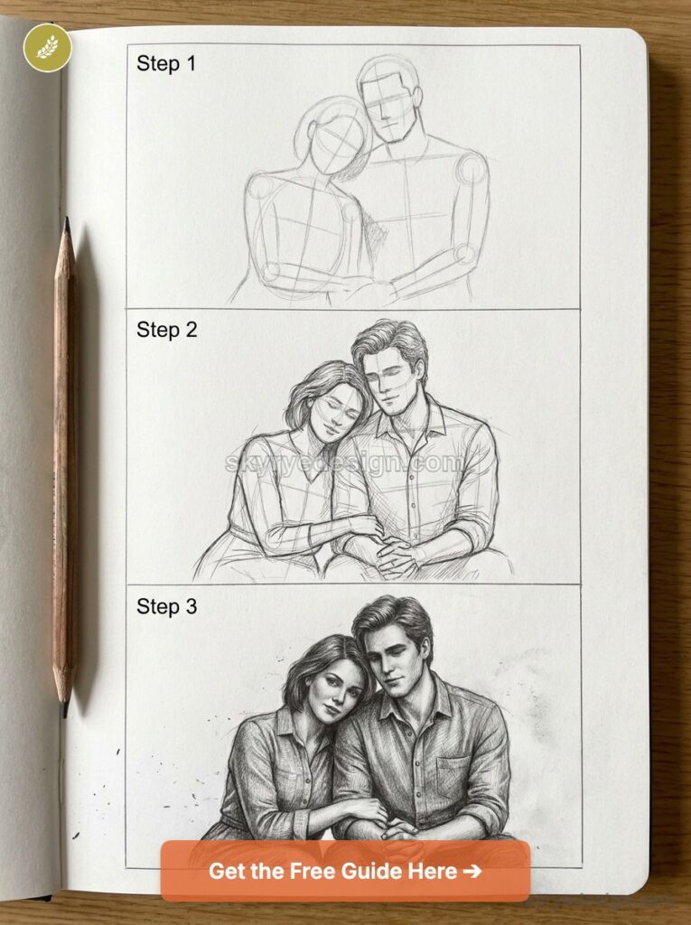 Step-by-step pencil sketch tutorial showing three stages of a seated couple leaning on each other in a sketchbook.