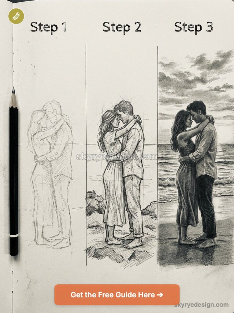 Pencil sketch tutorial: three-step progression of a couple embracing on the beach, from outline to detailed shading