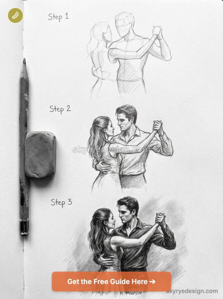 Three-step pencil sketch tutorial of a couple dancing ballroom/tango, with pencil and eraser visible.