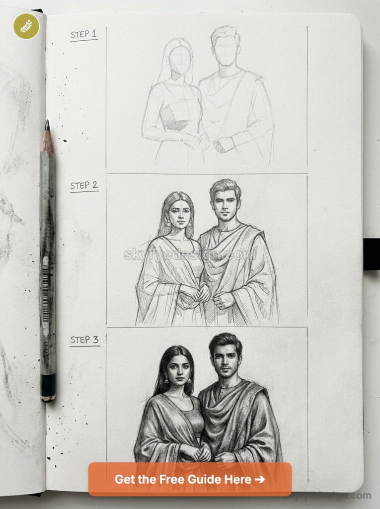 Step-by-step pencil sketch tutorial: couple portrait in draped clothing on a sketchbook page with a pencil at left