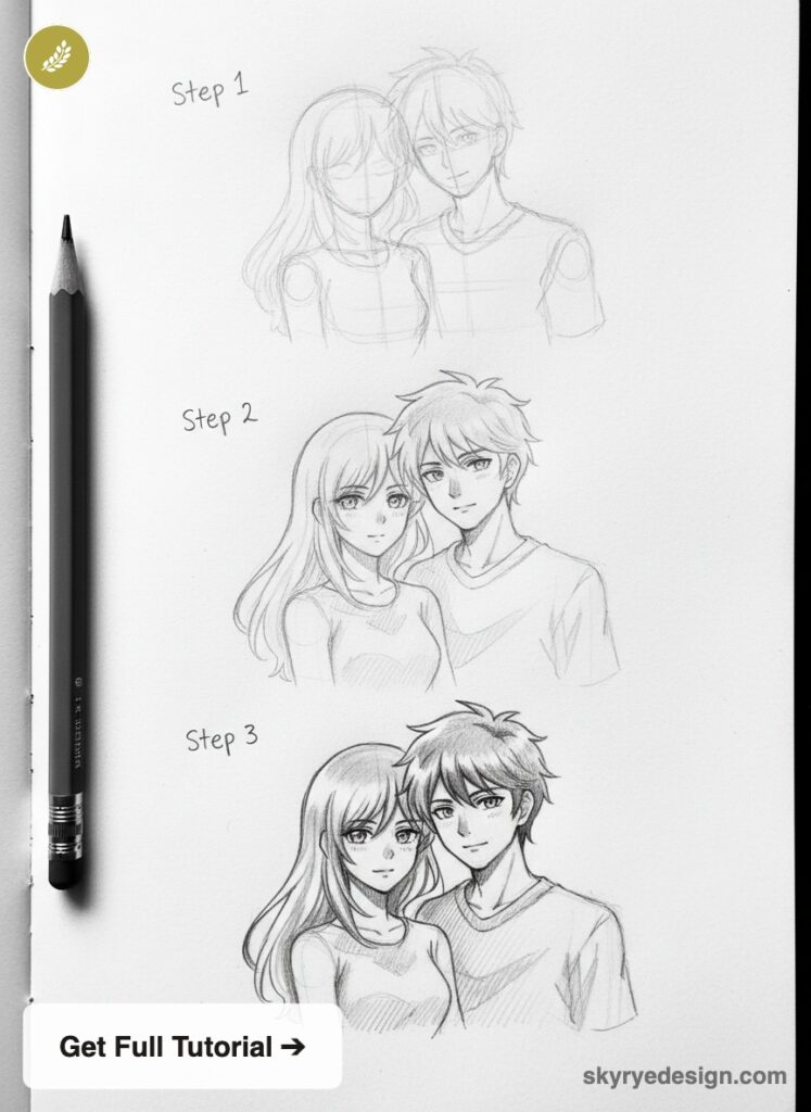 Pencil sketch tutorial: three-step manga anime couple drawing progression with pencil and call-to-action 'Get Full Tutorial'