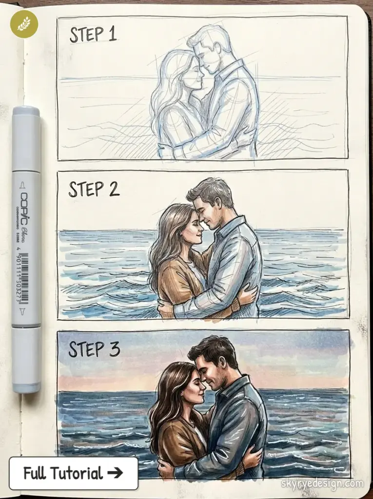 Drawing tutorial: three-step sketch-to-color illustration of a couple embracing by the ocean