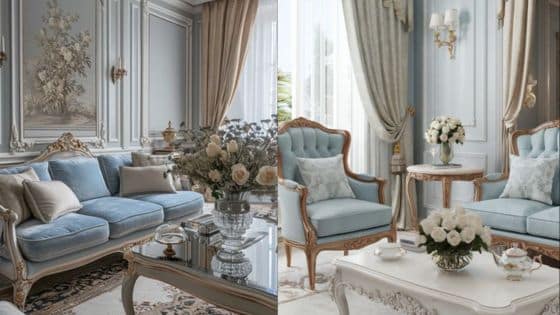 of Upholstery in Interior Design | Combining Comfort With Style Luxurious French-style living room with blue sofas, elegant curtains, and floral arrangements. | Sky Rye Design Luxurious French-style living room with blue sofas, elegant curtains, and floral arrangements.