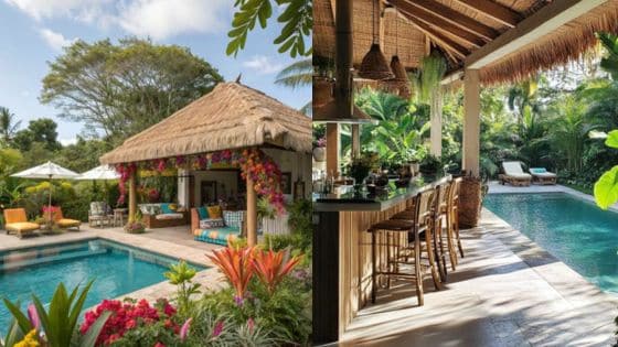 pool houses Tropical outdoor oasis with pool, lush greenery, thatched hut, and bar area for relaxation and entertainment. | Sky Rye Design Tropical outdoor oasis with pool, lush greenery, thatched hut, and bar area for relaxation and entertainment.