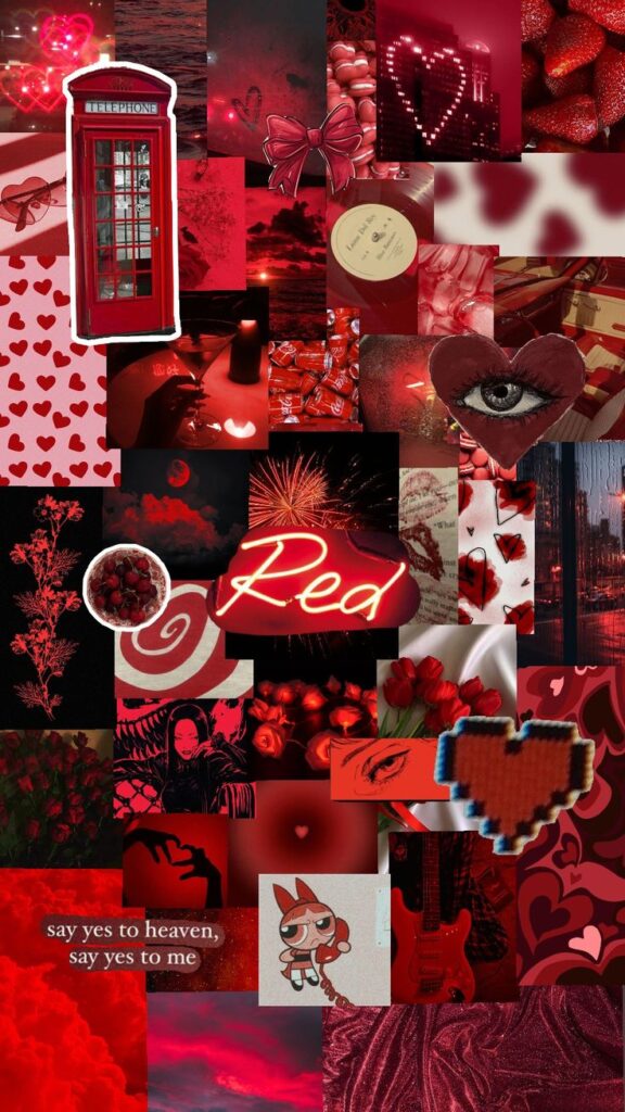 Red-themed collage with roses, a phone booth, hearts, and a neon sign. Vibrant and romantic elements throughout.