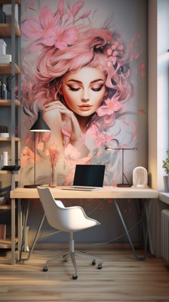Modern office with large artistic mural of woman with pink flowers and flowing hair, enhancing workspace ambiance.