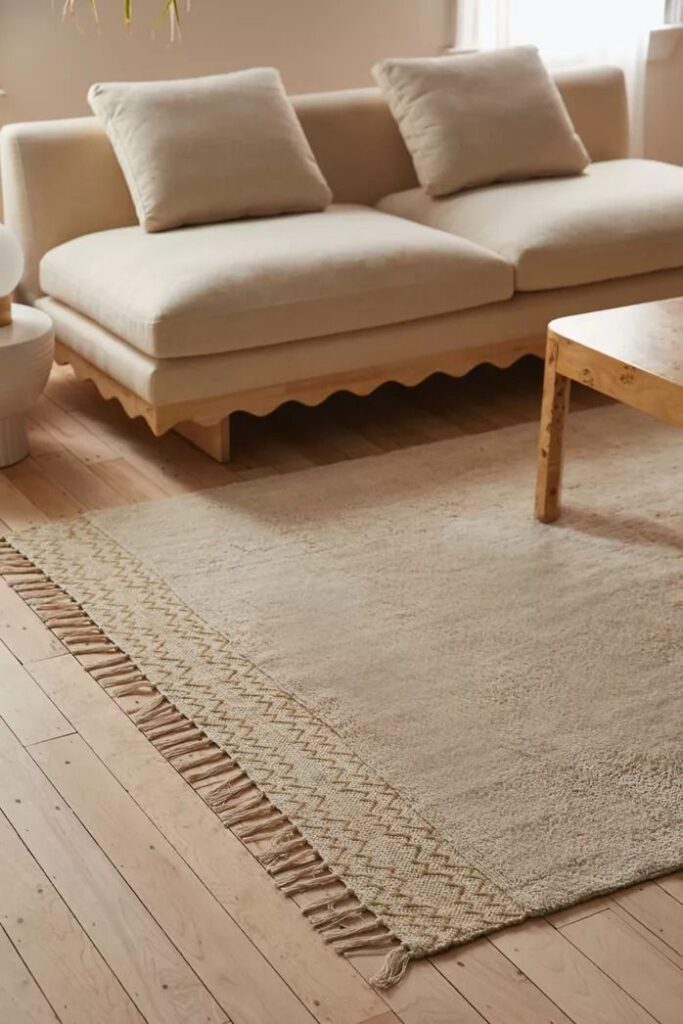 Beige modern sofa with cozy pillows, wooden coffee table, and textured area rug on light wood floor in bright living room.