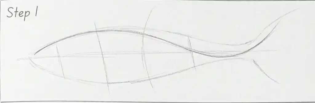 Step 1 pencil fish drawing tutorial: light construction lines forming fish outline, body and curved tail on white paper