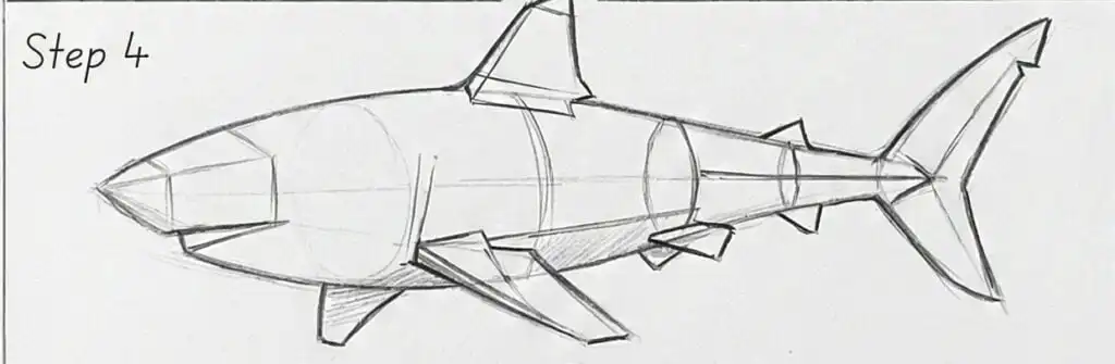 How-to-draw shark pencil sketch (Step 4) showing construction circles, outlined body and fins for proportion and perspective.