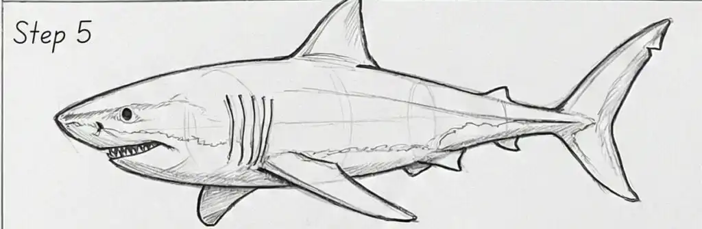 Step 5 pencil sketch showing how to draw a realistic shark side profile — step-by-step drawing tutorial