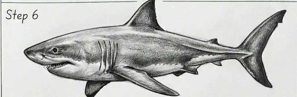 Great white shark pencil sketch, drawing tutorial Step 6 showing realistic shading, texture and anatomy