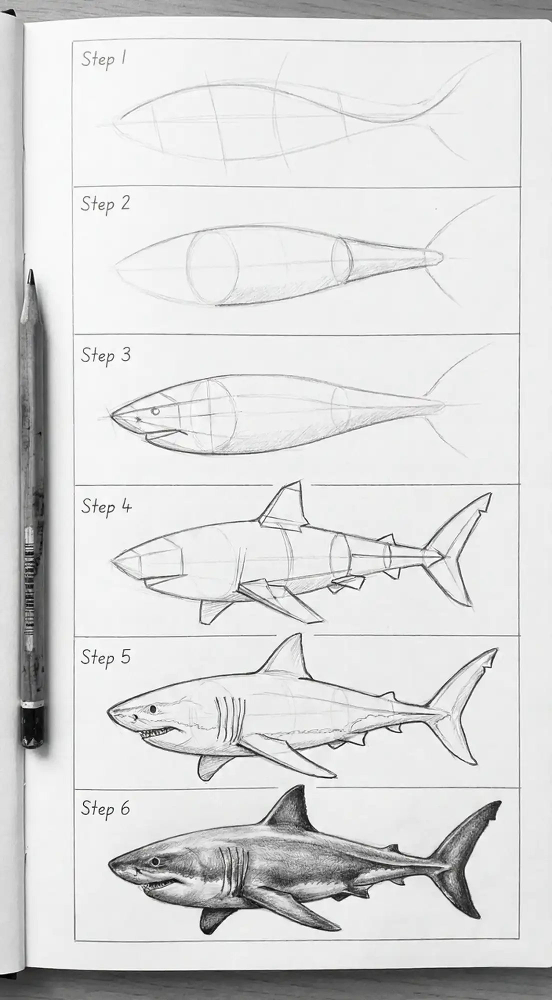Pencil sketch tutorial: six step progression of drawing a shark in a sketchbook, from simple shapes to detailed realistic rendering.