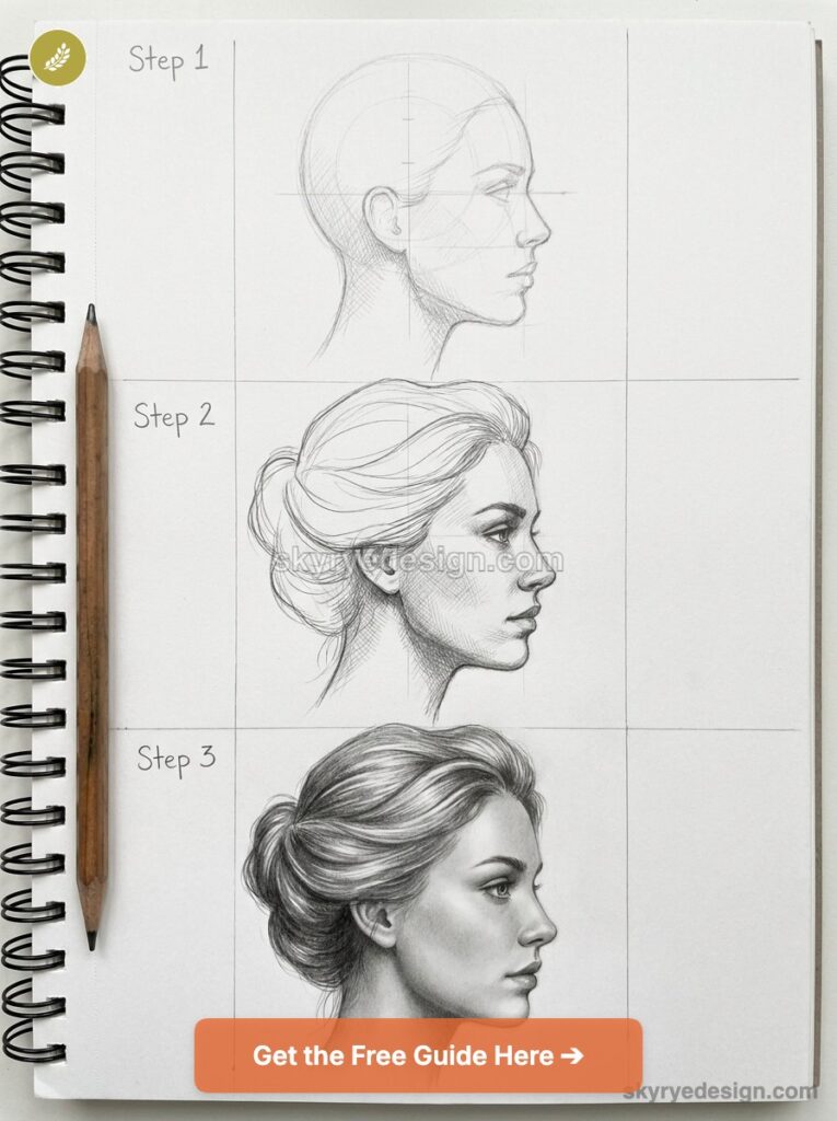 Step-by-step pencil portrait tutorial: three female profile sketches from construction lines to detailed shading on notebook