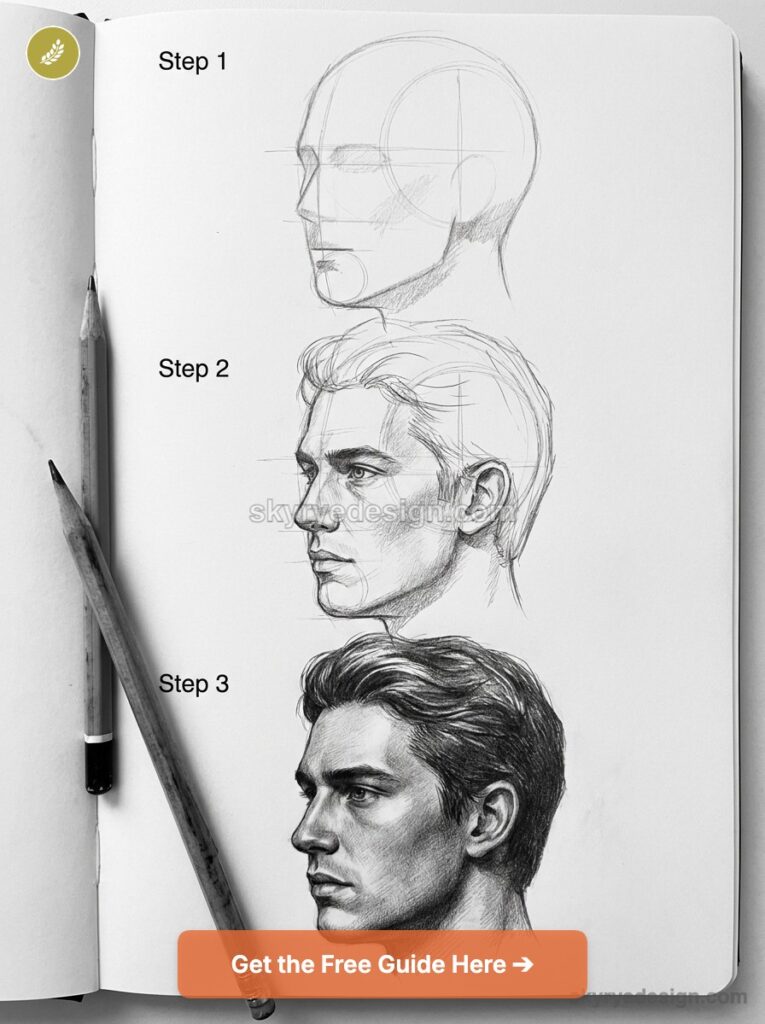 Step-by-step pencil portrait tutorial showing three stages of drawing a male head on a sketchbook with pencils