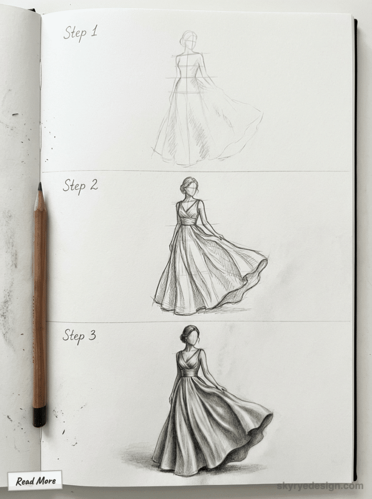 Sketching tutorial of a gown in 3 steps, from rough outline to detailed shading, with pencil and notebook. Read more for Dress Drawing
