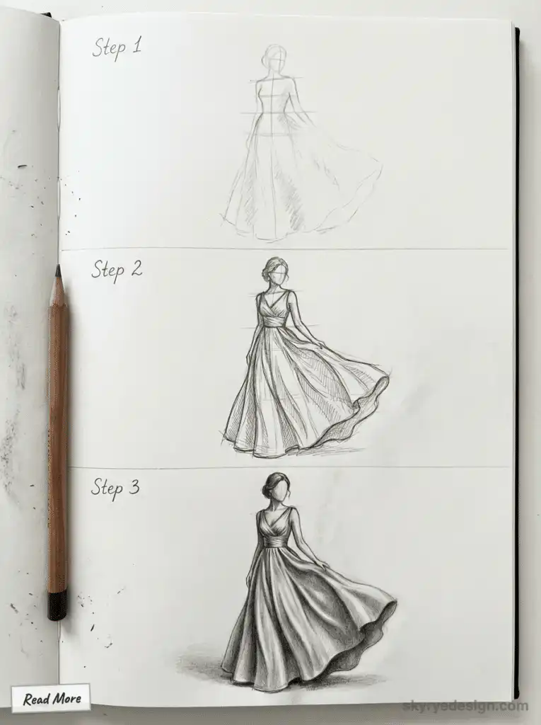 Sketching tutorial of a gown in 3 steps, from rough outline to detailed shading, with pencil and notebook. Read more for Dress Drawing
