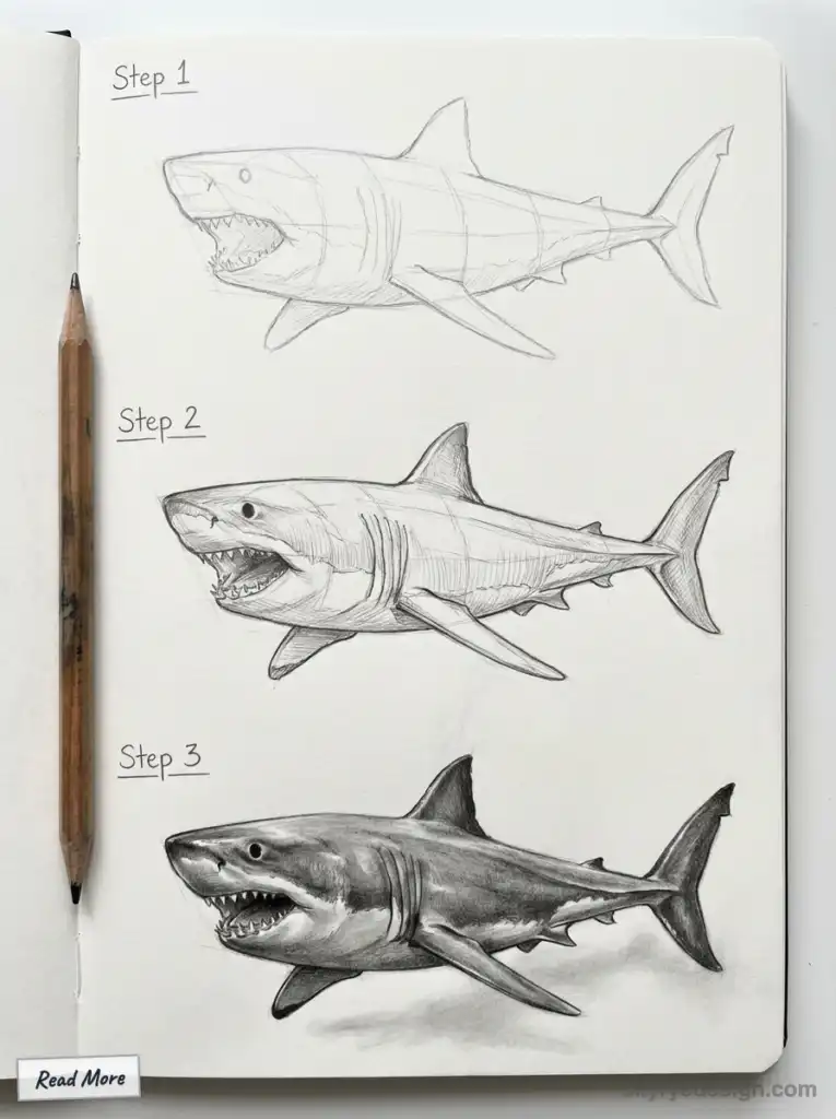 Pencil sketch tutorial of a great white shark — step-by-step three-stage drawing in a sketchbook page with a wooden pencil.