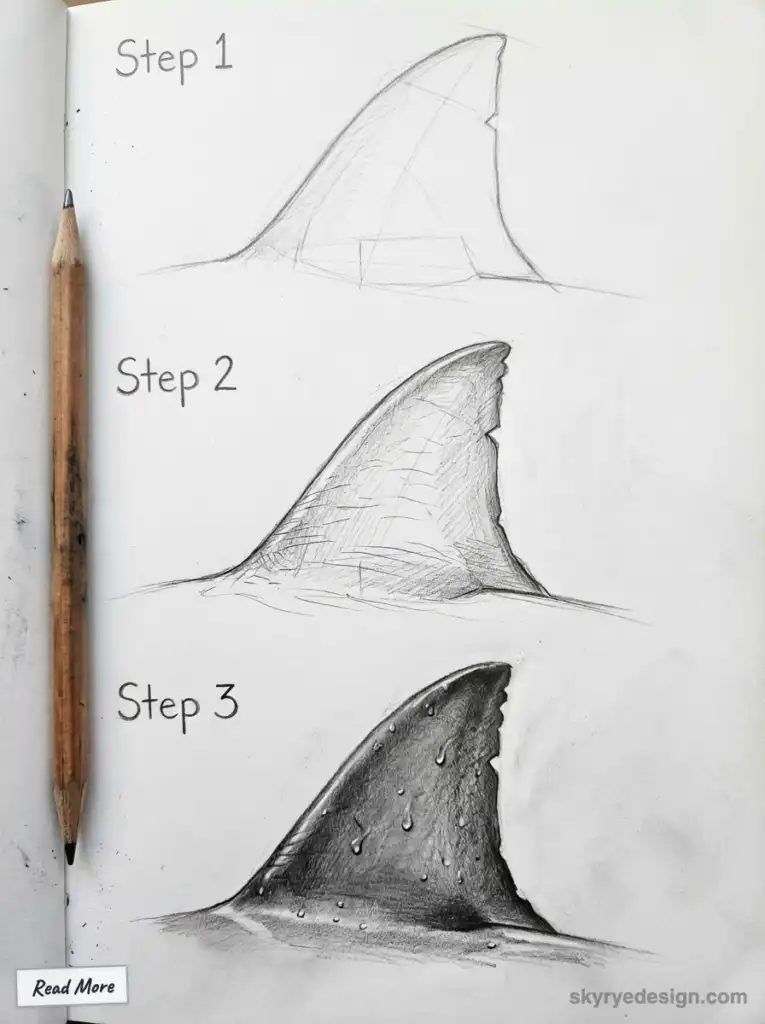 Step-by-step pencil drawing tutorial of a realistic shark fin, three stages from outline to detailed shaded fin with water droplets.