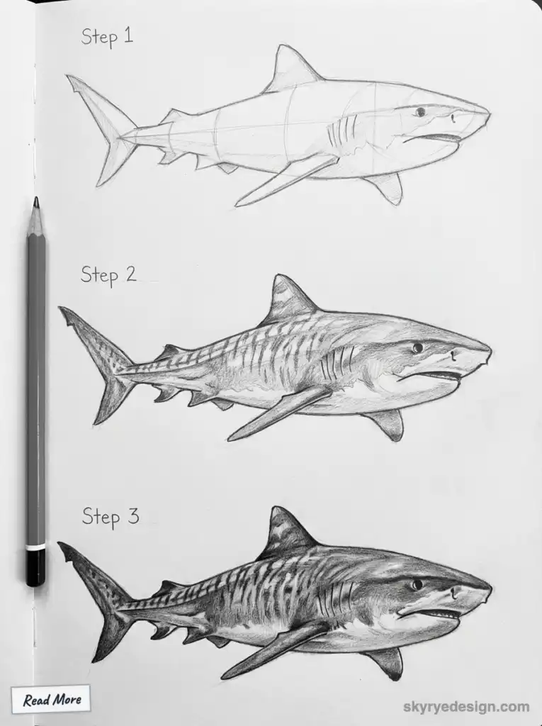 Step-by-step pencil sketch tutorial of a tiger shark in three stages on a sketchbook page with a graphite pencil.