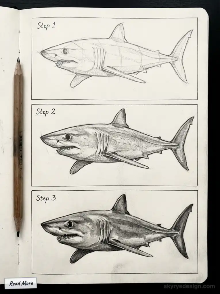Sketchbook page showing a step-by-step pencil shark drawing tutorial (Step 1–3) with a wooden pencil beside three progressive sketches.