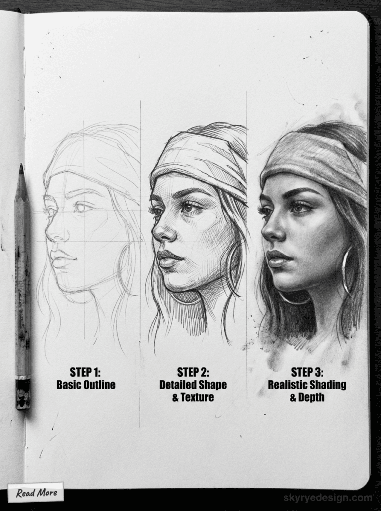 sketch-tutorial 40 Drawing tutorial showing three steps to sketch a realistic portrait: outline, detailed texture, and realistic shading with depth. | Sky Rye Design Drawing tutorial showing three steps to sketch a realistic portrait: outline, detailed texture, and realistic shading with depth. Drawing Chicano Art