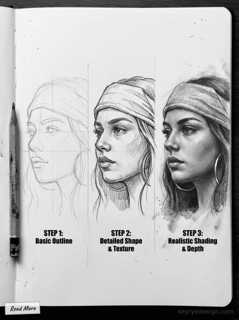 Drawing tutorial showing three steps to sketch a realistic portrait: outline, detailed texture, and realistic shading with depth. Drawing Chicano Art