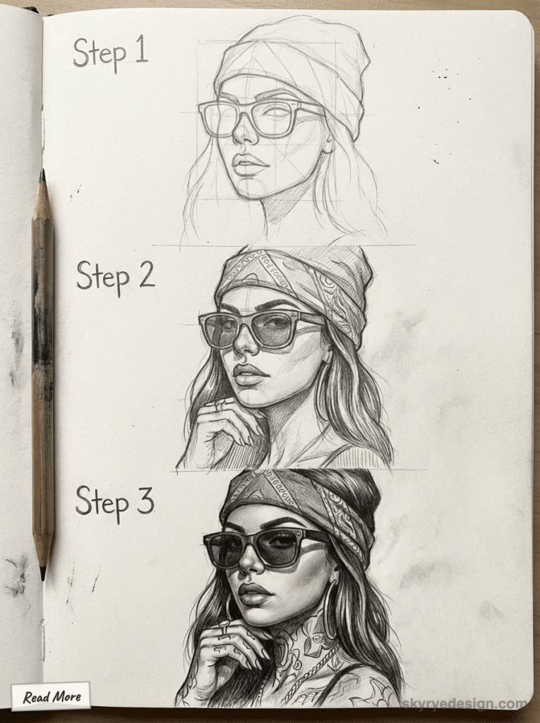 sketch-tutorial 41 Drawing tutorial: three-step progression of a woman in a beanie and sunglasses, transitioning from sketch to detailed pencil portrait. | Sky Rye Design Drawing tutorial: three-step progression of a woman in a beanie and sunglasses, transitioning from sketch to detailed pencil portrait. Drawing Chicano Art