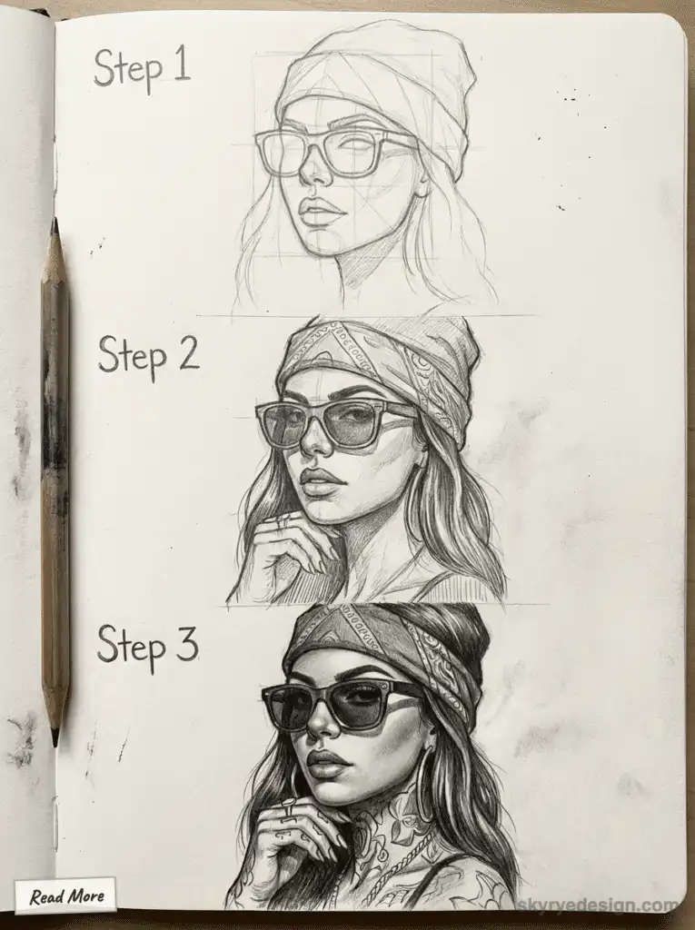 Drawing tutorial: three-step progression of a woman in a beanie and sunglasses, transitioning from sketch to detailed pencil portrait. Drawing Chicano Art