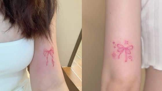 tattoo ideas for women Delicate pink ribbon tattoos on arms, featuring stars and hearts, showcasing minimalist design. | Sky Rye Design Delicate pink ribbon tattoos on arms, featuring stars and hearts, showcasing minimalist design.