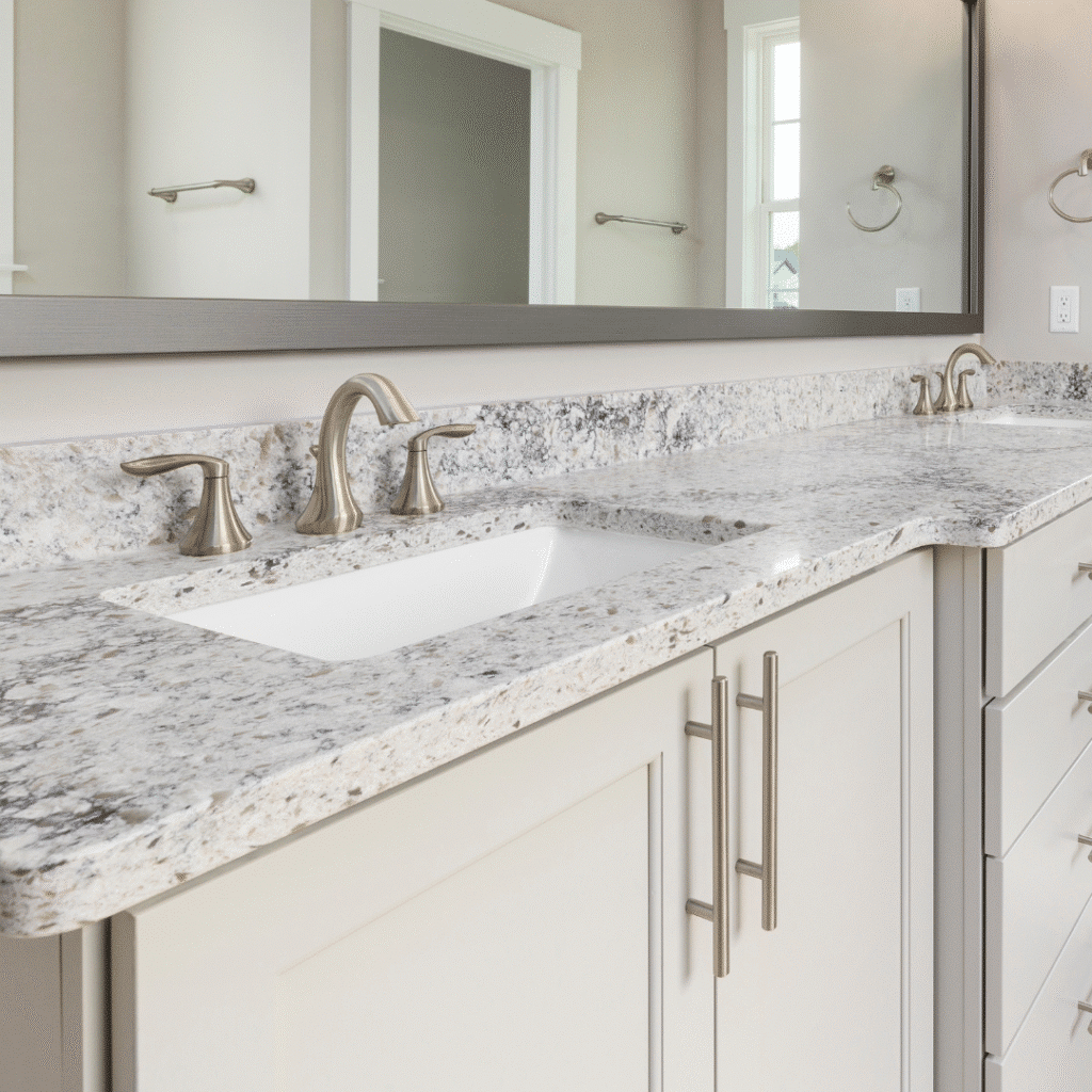 Elegant bathroom vanity with granite countertop, double sink, and modern fixtures for stylish decor.
