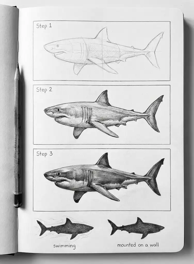 How to draw a pencil shark: step-by-step sketch tutorial in a sketchbook showing stages 1–3 with a pencil and silhouette examples.
