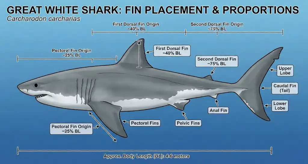 Great white shark diagram showing fin placement and proportions: first/second dorsal, pectoral, pelvic, anal, caudal fin with measurements.