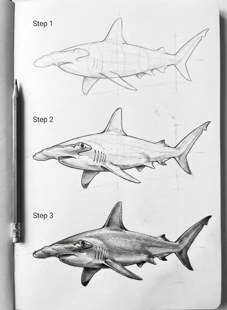 How to draw a hammerhead shark: step-by-step pencil sketch tutorial showing three stages on a sketchbook with pencil.