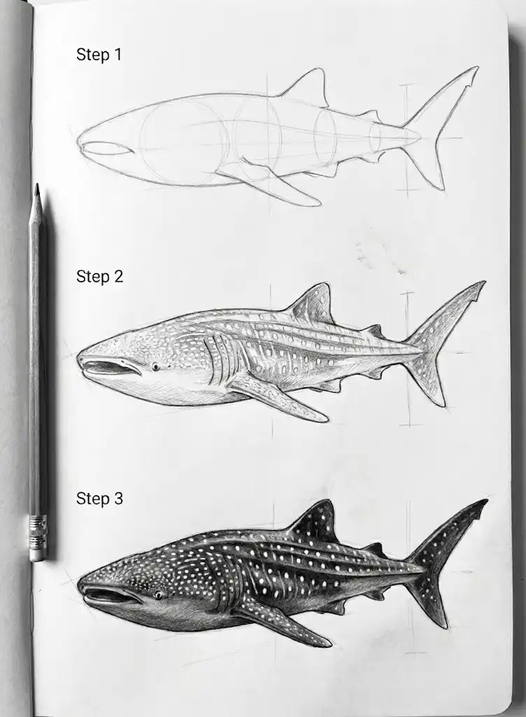 Whale shark pencil drawing tutorial - three-step sketch guide in a sketchbook with a pencil, black-and-white.
