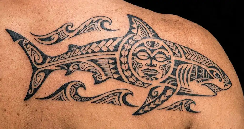 Polynesian tribal shark tattoo with ancestral mask motifs and wave patterns inked across the upper back and shoulder